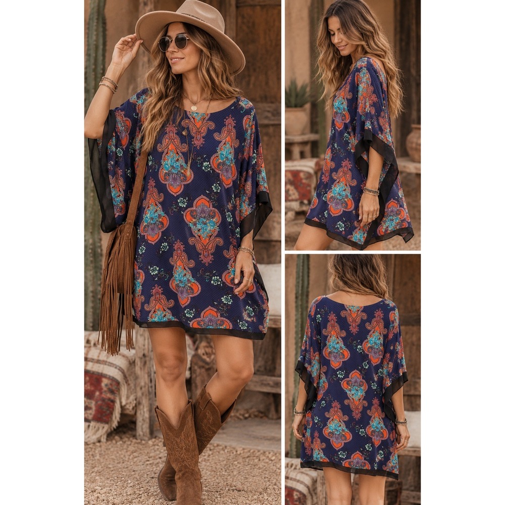 Fire Los Angeles Tunic Dress Womens XL Navy Paisley Boho Kimono Sleeve